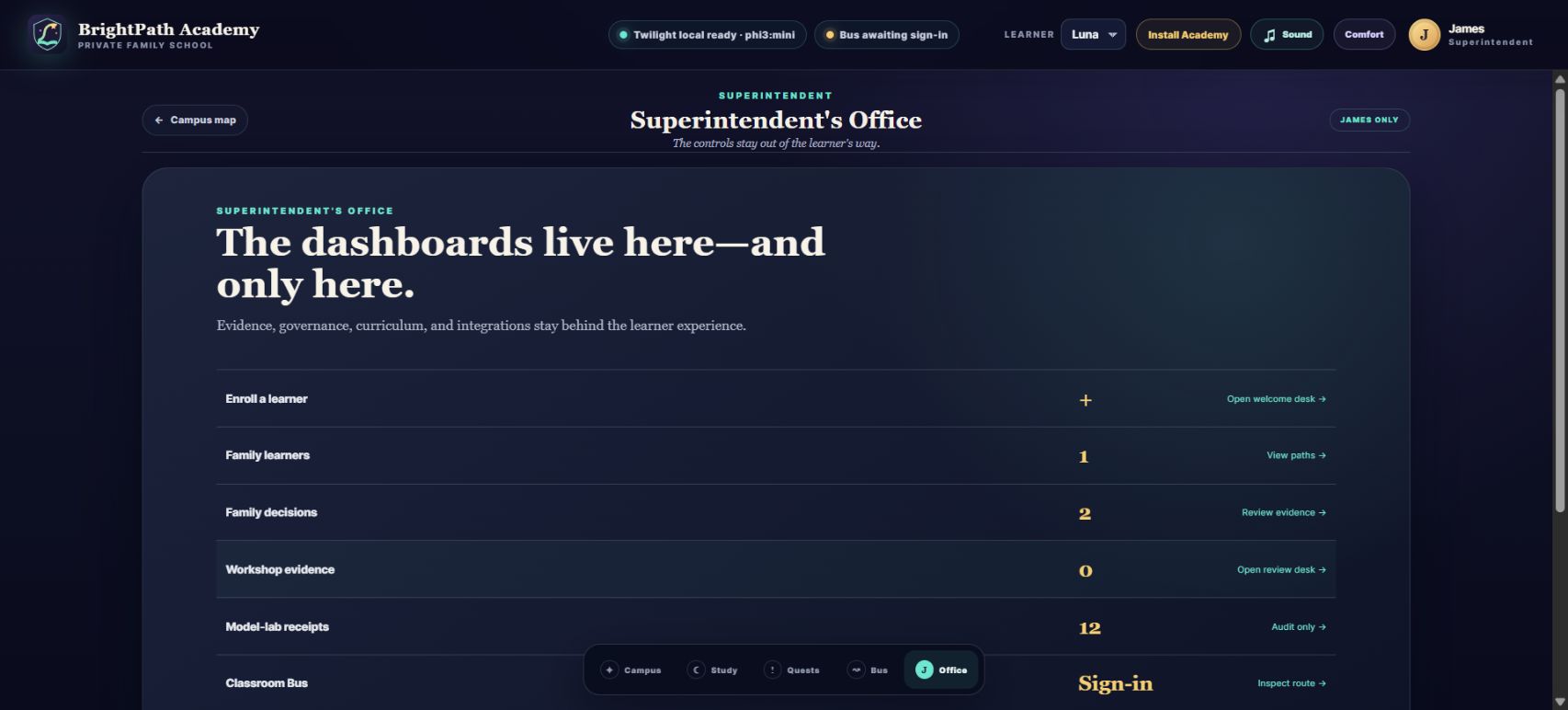 BrightPath Superintendent's Office separating adult controls from the learner experience