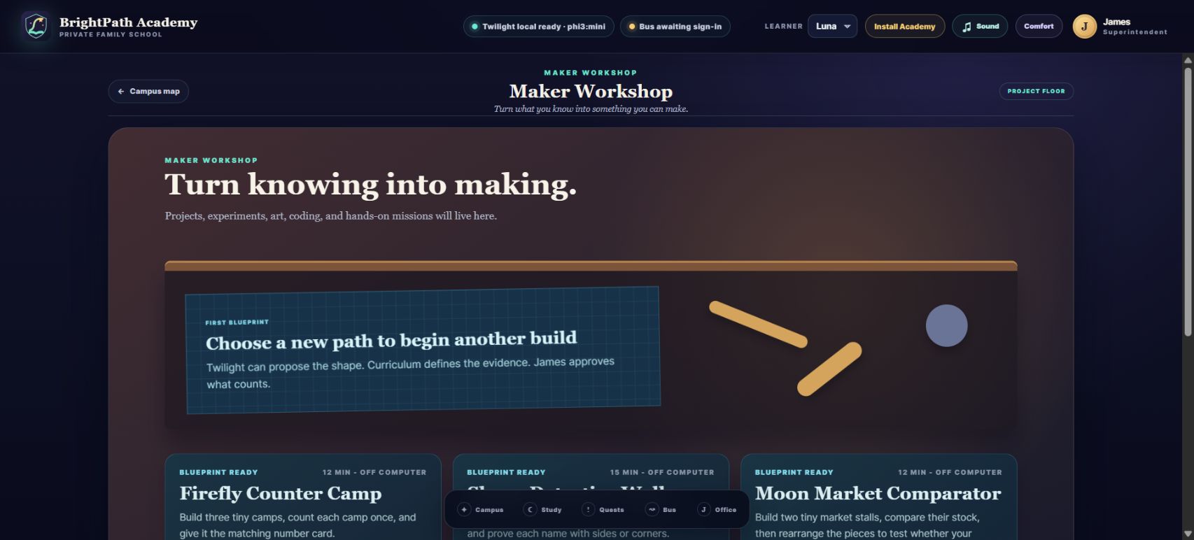 BrightPath Maker Workshop with off-computer project blueprints