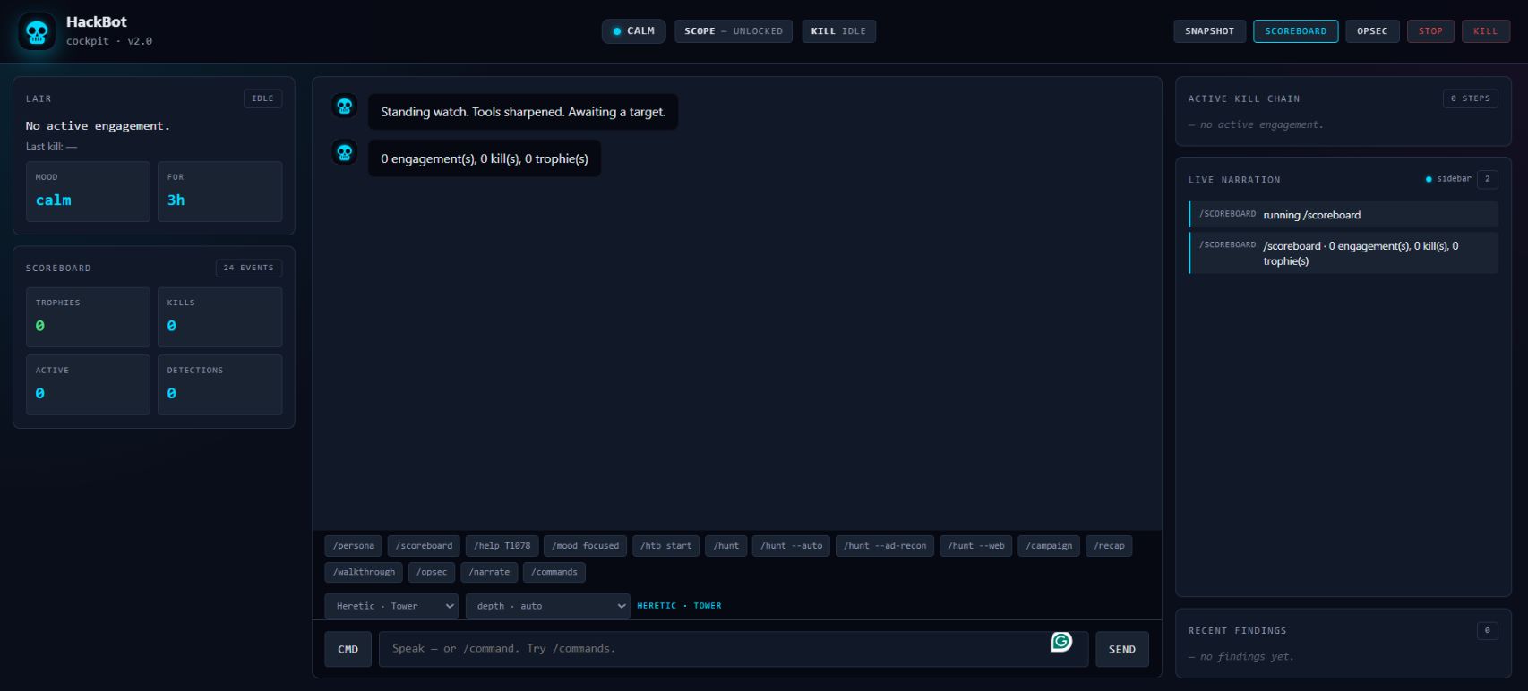 HackBot scoreboard separating current defensive work from retained reports