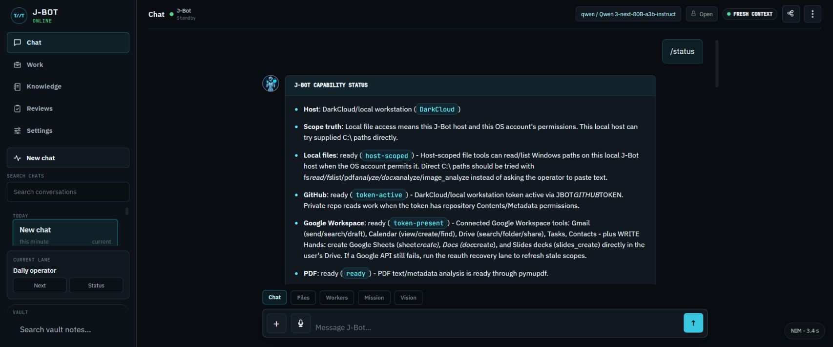 J-Bot live capability status showing available and bounded system routes