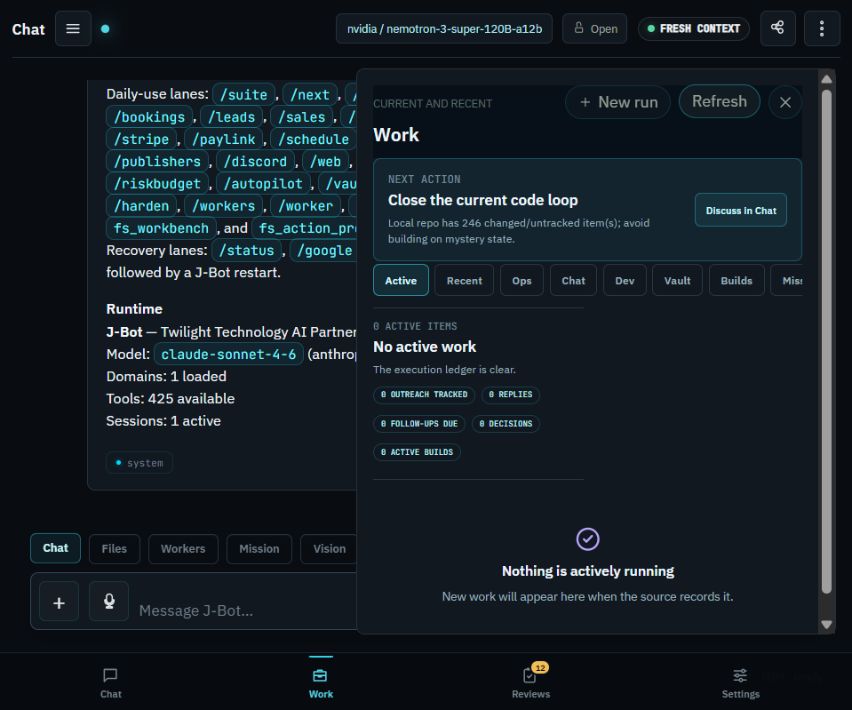 J-Bot Work view separating zero active execution items from retained review history
