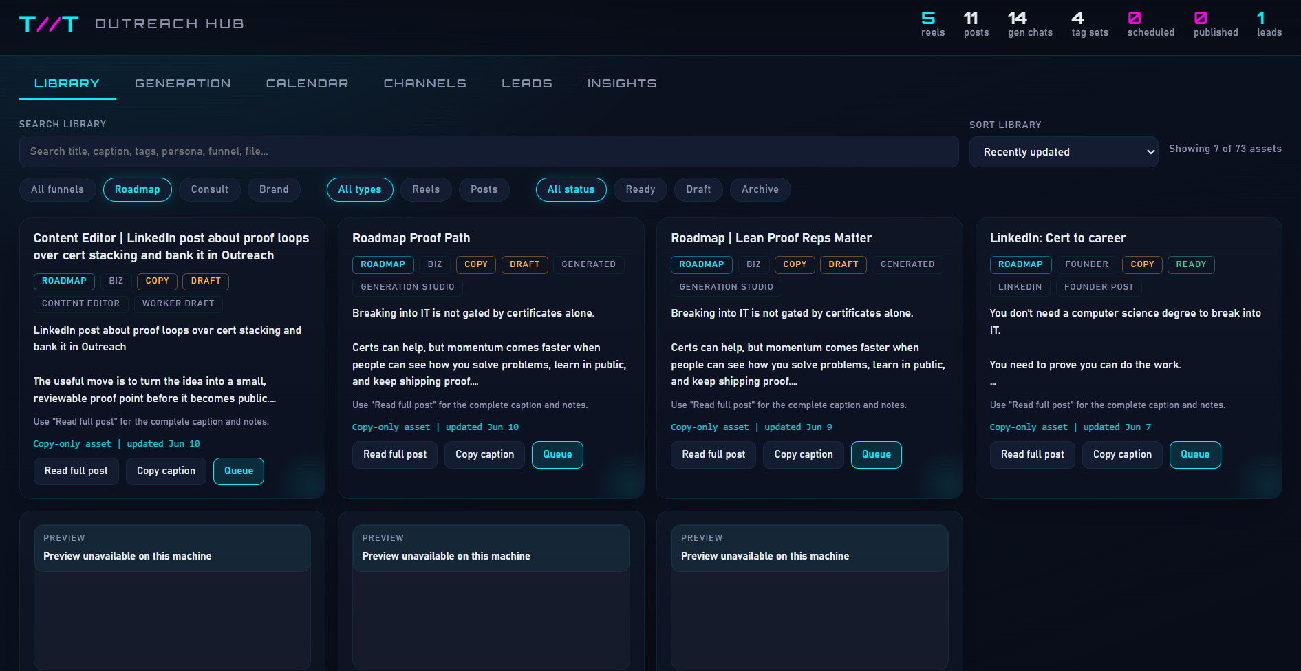 Twilight Outreach Hub content library and publishing workflow