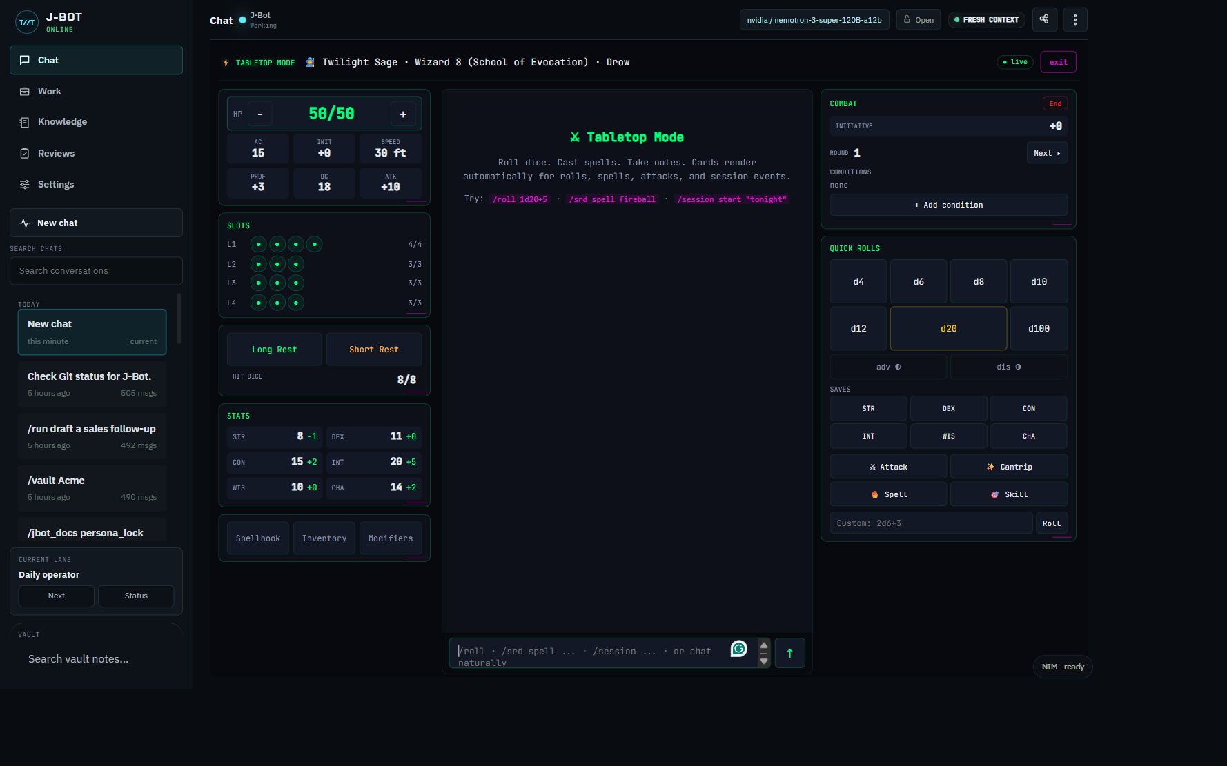 Tabletop player interface with character, combat, dice, spell, and session state