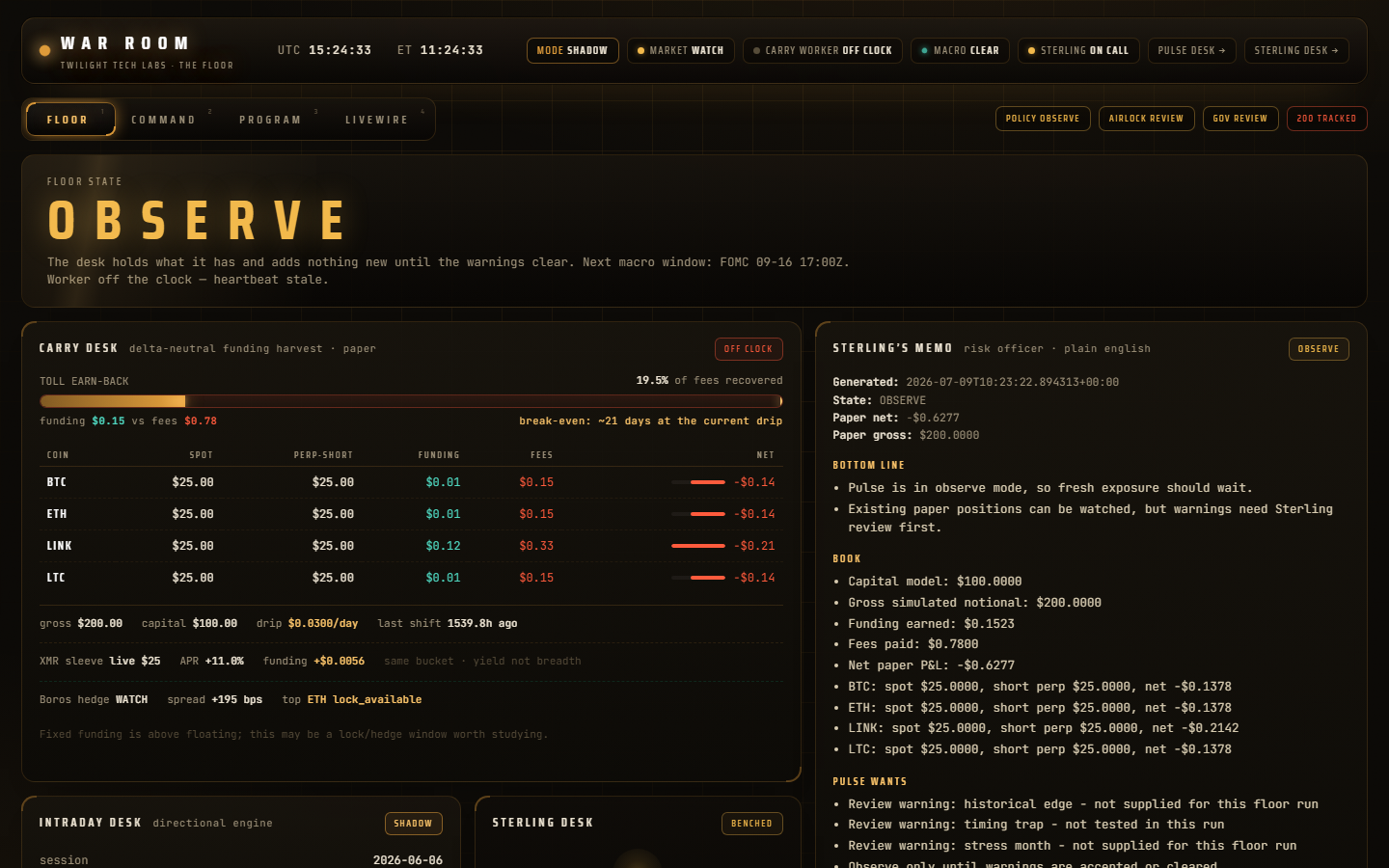 Pulse War Room floor showing current paper-research state, data freshness, and governance controls
