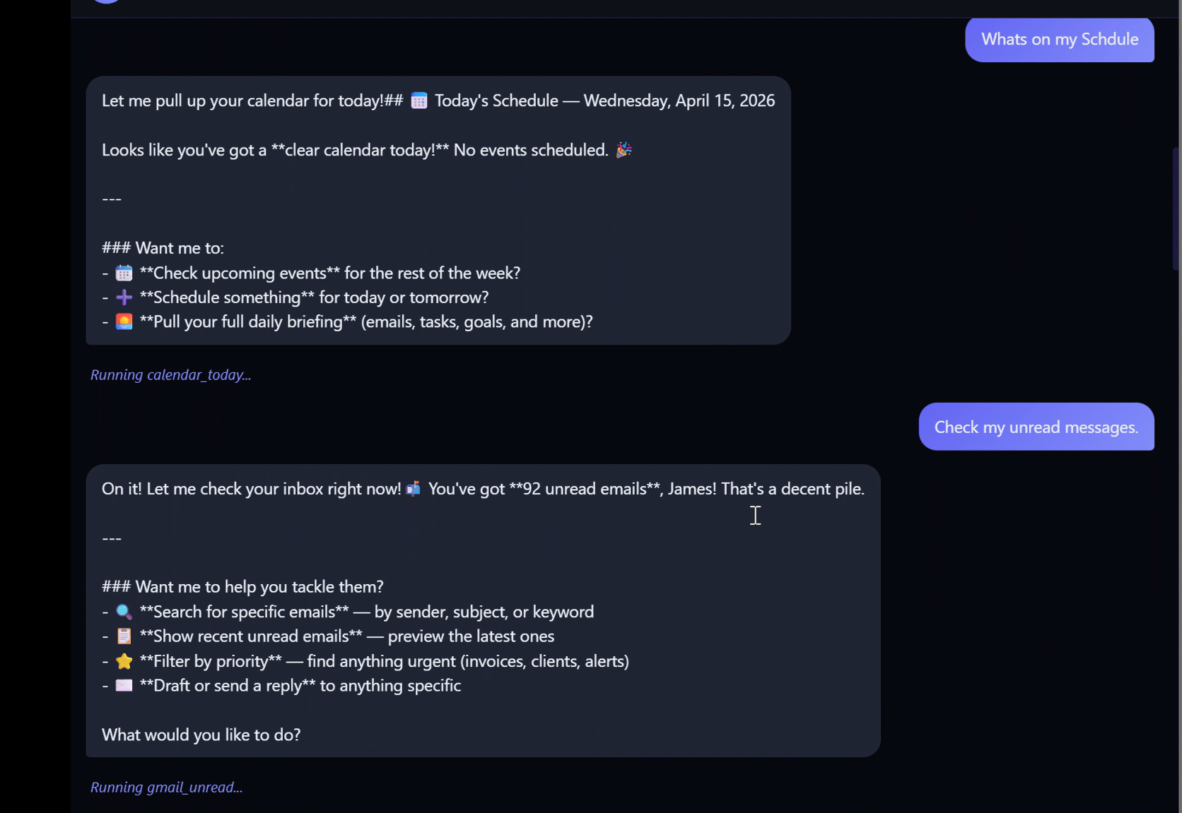 J-Bot checking calendar and email — 92 unread found