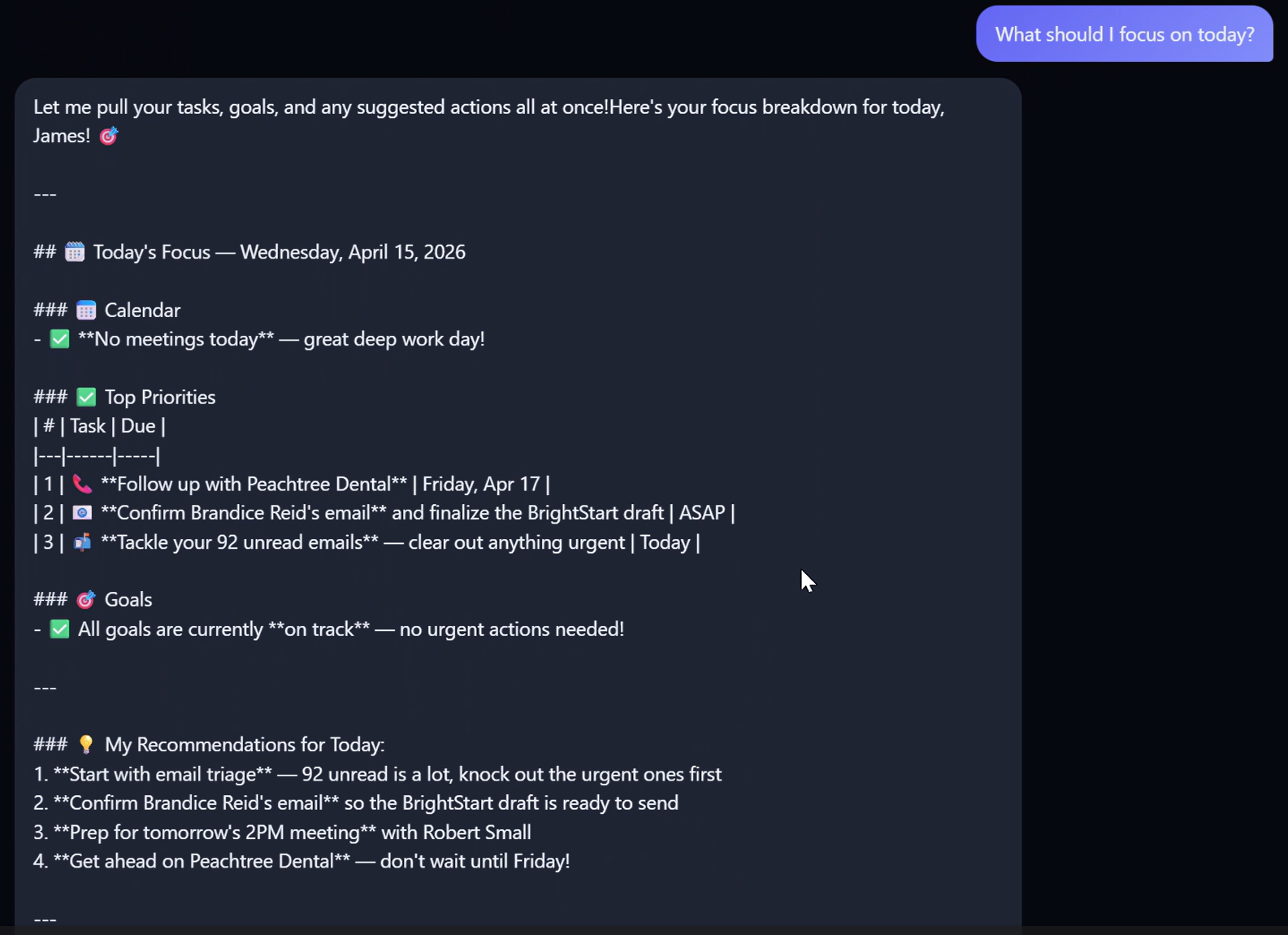J-Bot daily focus briefing — calendar, priorities, goals, recommendations