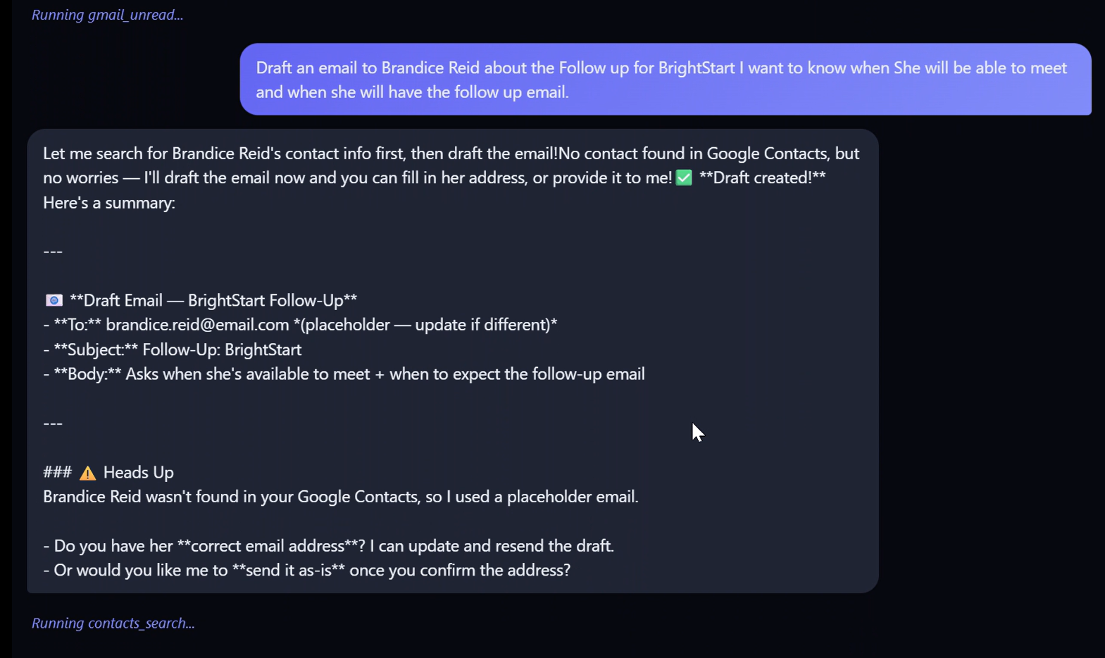 J-Bot drafting a follow-up email via Gmail API
