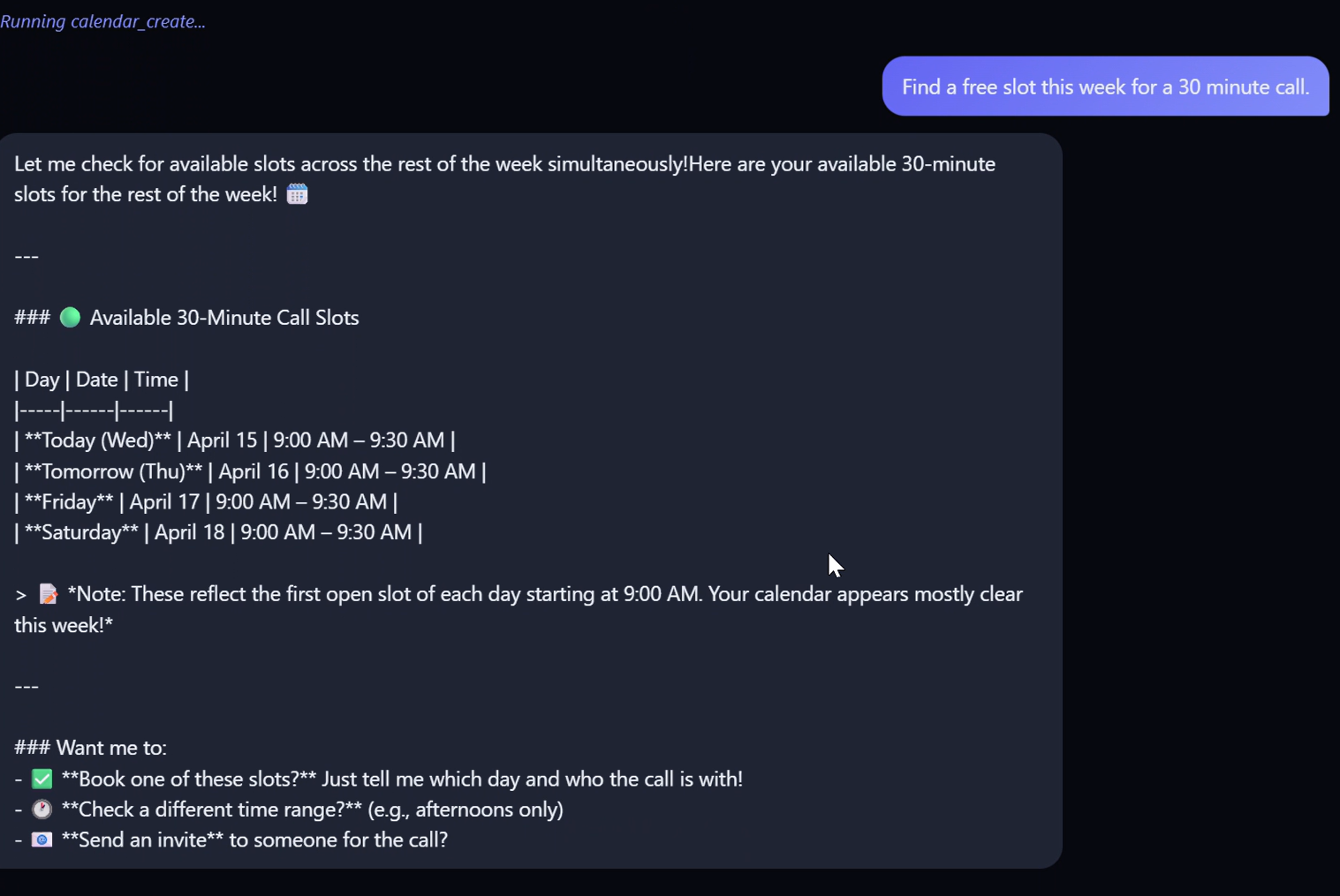 J-Bot finding available 30-minute call slots across the week