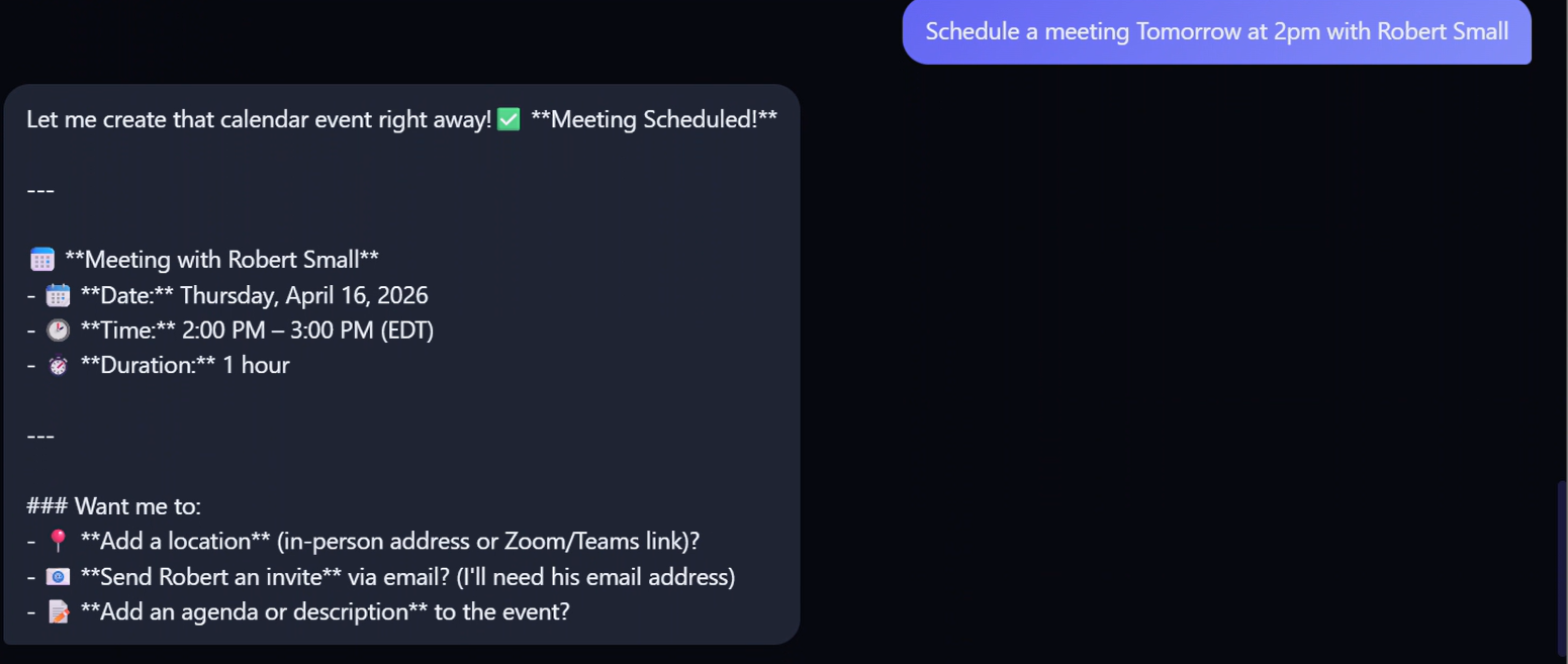 J-Bot scheduling a meeting with Robert Small — live calendar event created